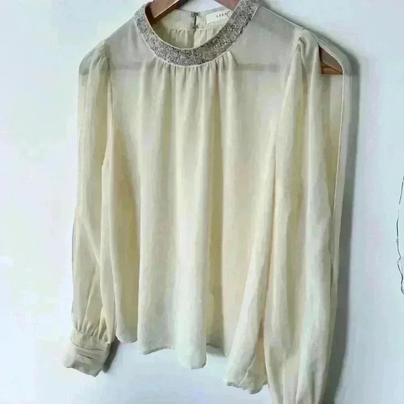 Lush Women’s Sheer White Cream Blouse Boho Timeless Sheer Bejeweled Collar Small - Picture 3 of 11